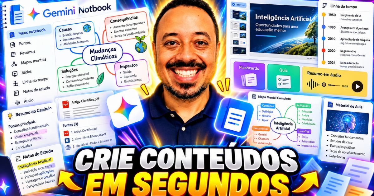 Professor sorrindo ao centro da imagem, com a chamada “Crie conteúdos em segundos”, cercado por telas do Gemini Notebook com mapa mental, slides, flashcards, quiz, linha do tempo, resumo em áudio e materiais de aula.