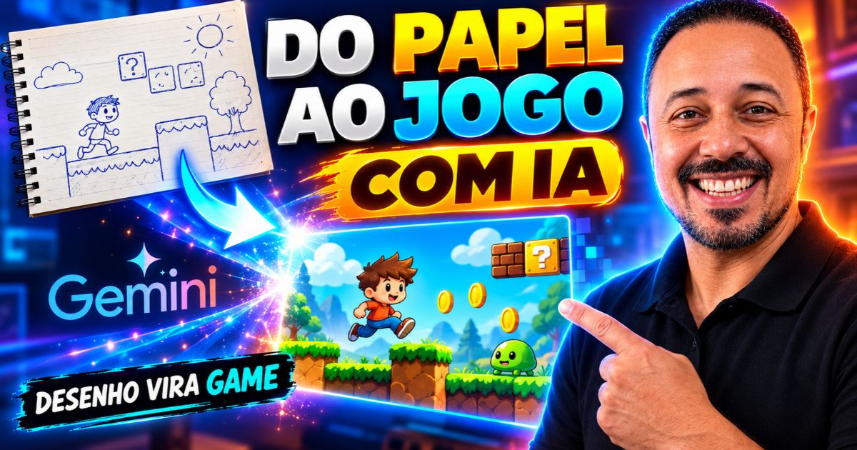 Prof. Julio César Passos sorrindo e apontando para um jogo de plataforma criado com Gemini, mostrando a transformação de um desenho feito à mão em um game digital com Inteligência Artificial.