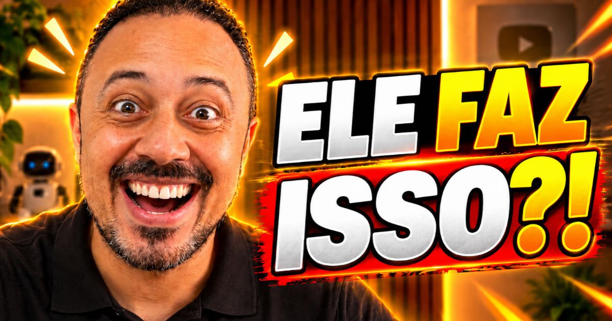 Prof. Julio César Passos com expressão de surpresa e entusiasmo, ao lado da chamada “Ele Faz Isso?!”, destacando novas possibilidades da Inteligência Artificial para professores e a criação de conteúdos educacionais.