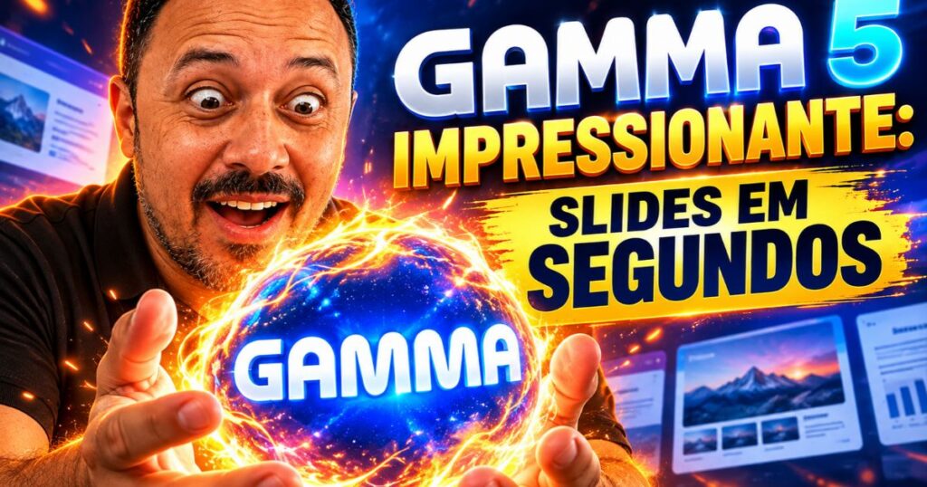 Professor surpreso segurando uma esfera luminosa com a palavra Gamma, ao lado da chamada “Gamma 5 impressionante: slides em segundos”, com telas de apresentações ao fundo.