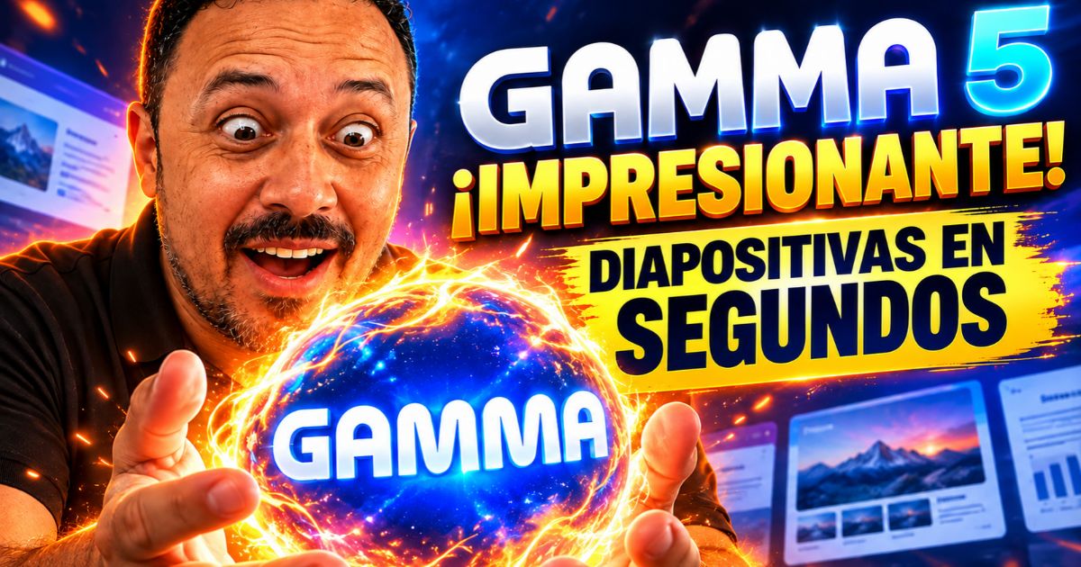 El profesor Julio César Passos muestra una expresión de sorpresa mientras sostiene una esfera luminosa con el logotipo de Gamma, junto al título “Gamma 5: ¡Impresionante! Diapositivas en segundos”, destacando la creación de presentaciones con inteligencia artificial.