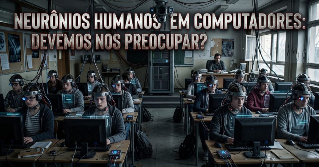 Estudantes utilizando computadores e dispositivos tecnológicos conectados a capacetes com sensores e cabos, em uma sala de aula futurista, com a chamada “Neurônios humanos em computadores: devemos nos preocupar?”.