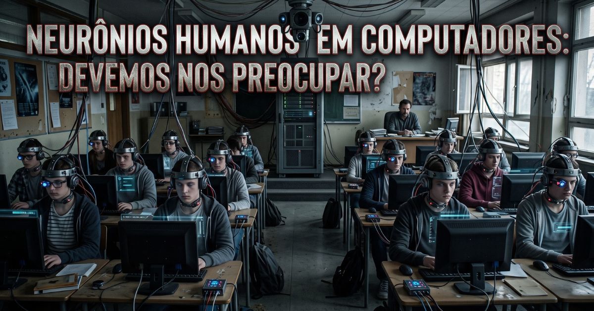 Estudantes utilizando computadores e dispositivos tecnológicos conectados a capacetes com sensores e cabos, em uma sala de aula futurista, com a chamada “Neurônios humanos em computadores: devemos nos preocupar?”.
