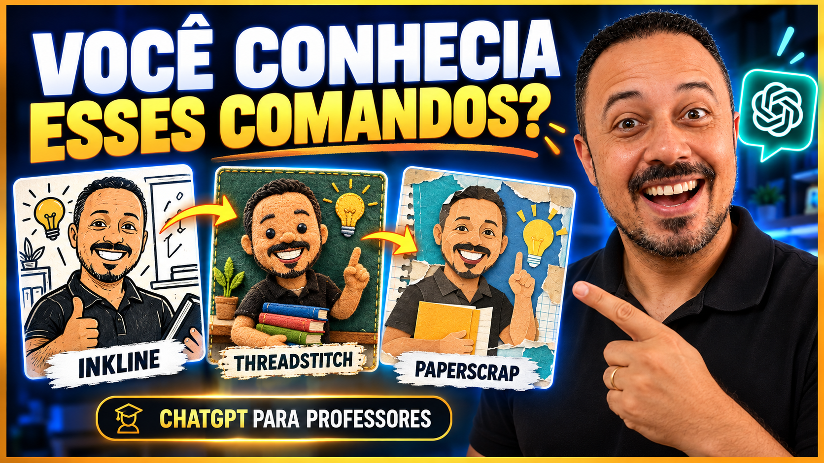 Professor apontando para três exemplos de estilos visuais criados com IA, com a chamada “Você conhecia esses comandos?” e os estilos Inkline, Threadstitch e Paperscrap.